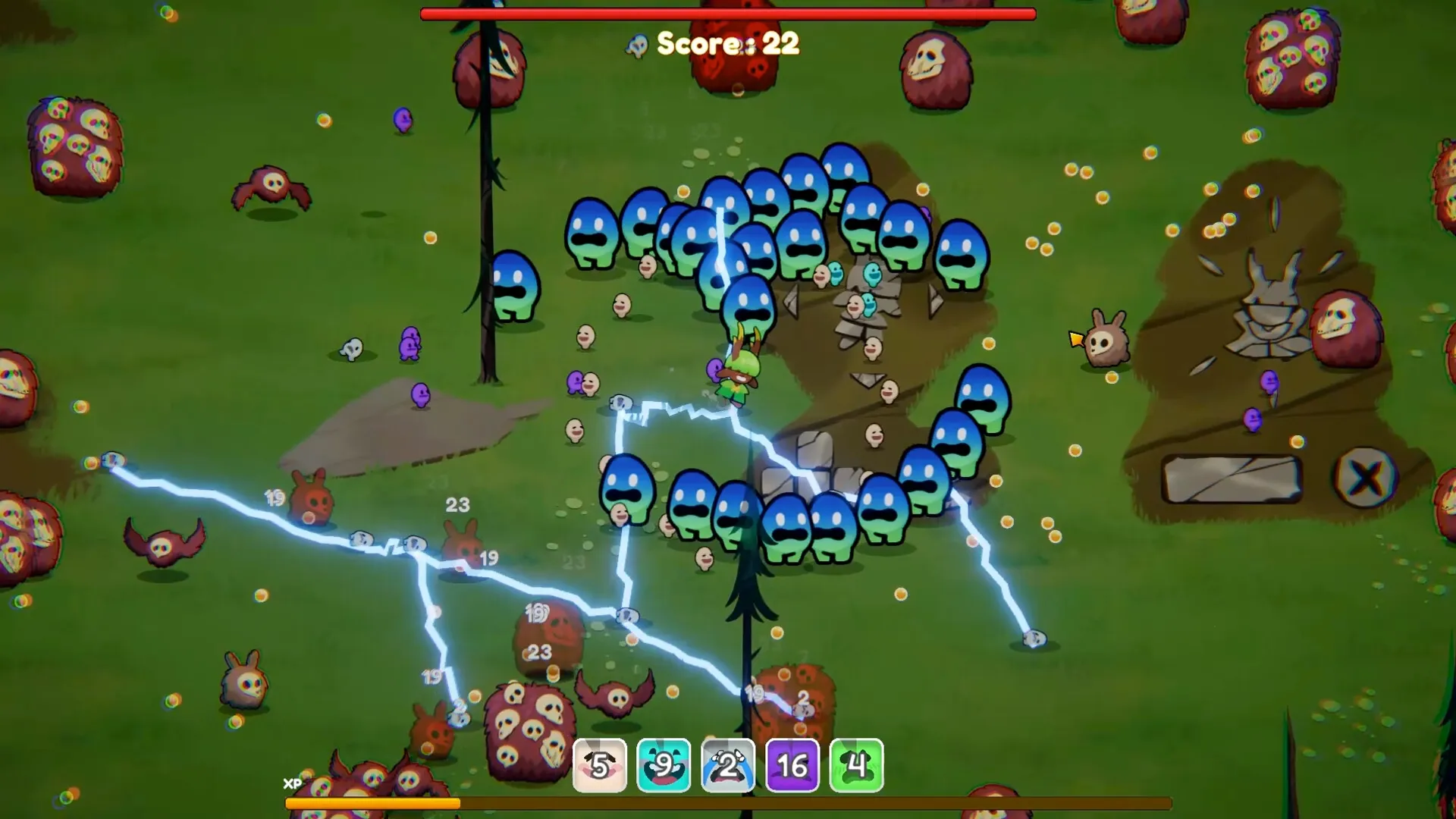 Chumini: Blue Chuminis form a circle around an enemy, with lightning attacks in a grassy forest arena.