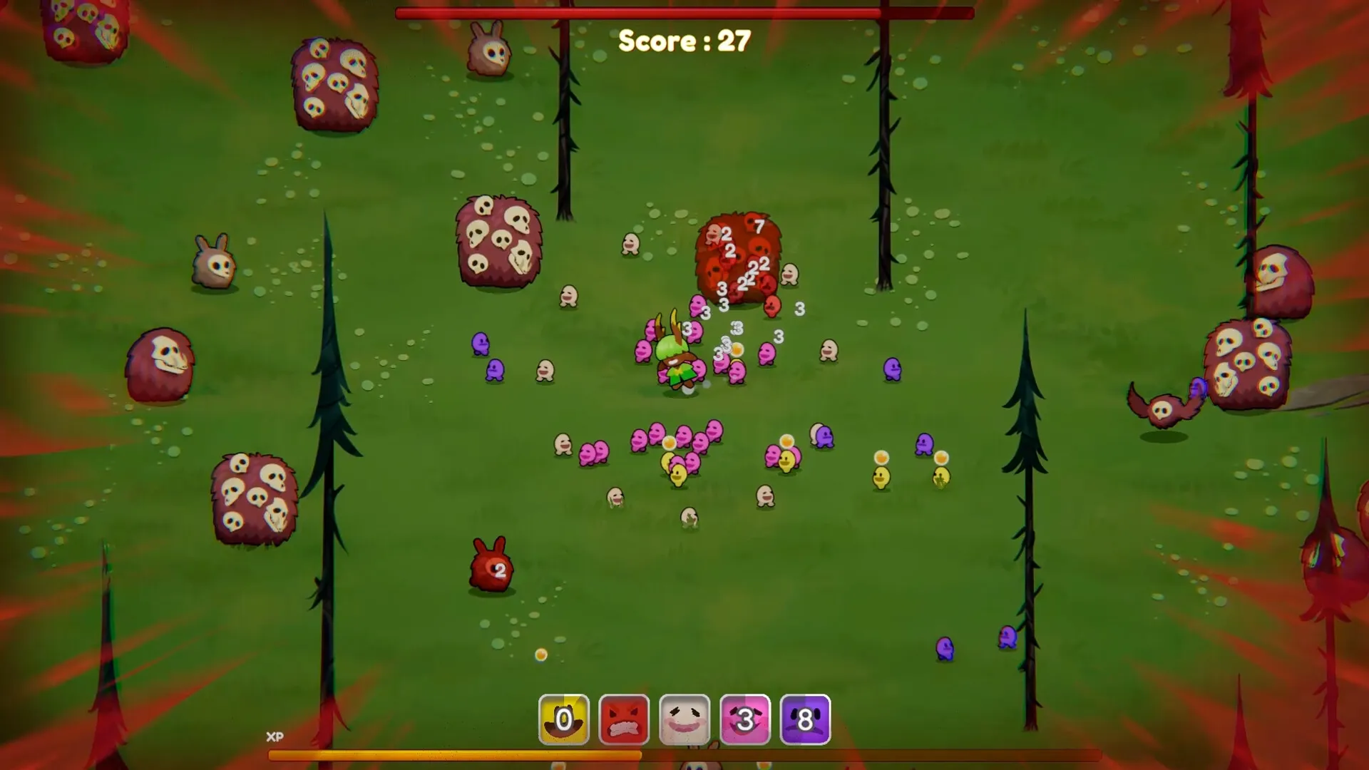 Chumini: Tiny army battles forest demons with score display and colorful characters on grassy field.