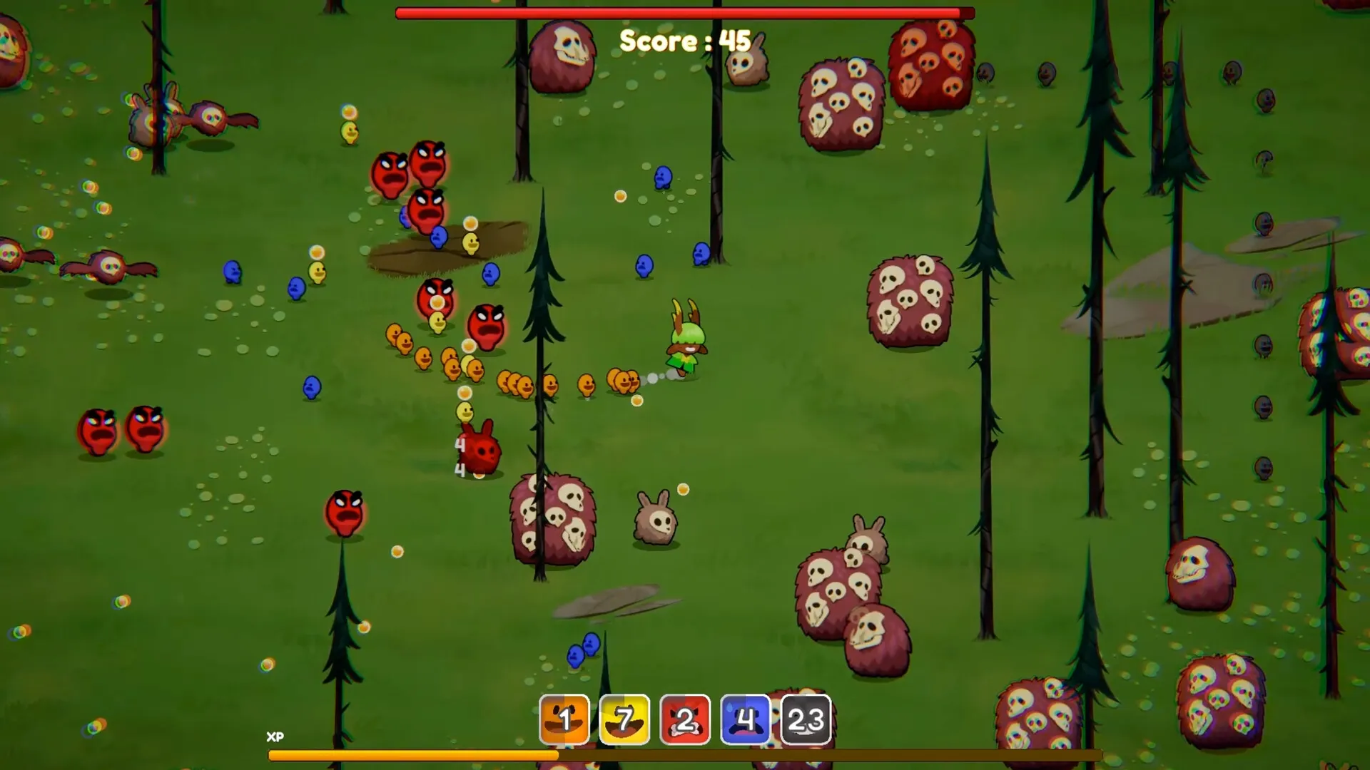 Chumini: Player's tiny army battles red demons in a forest, score 45, colorful Chuminis on screen.