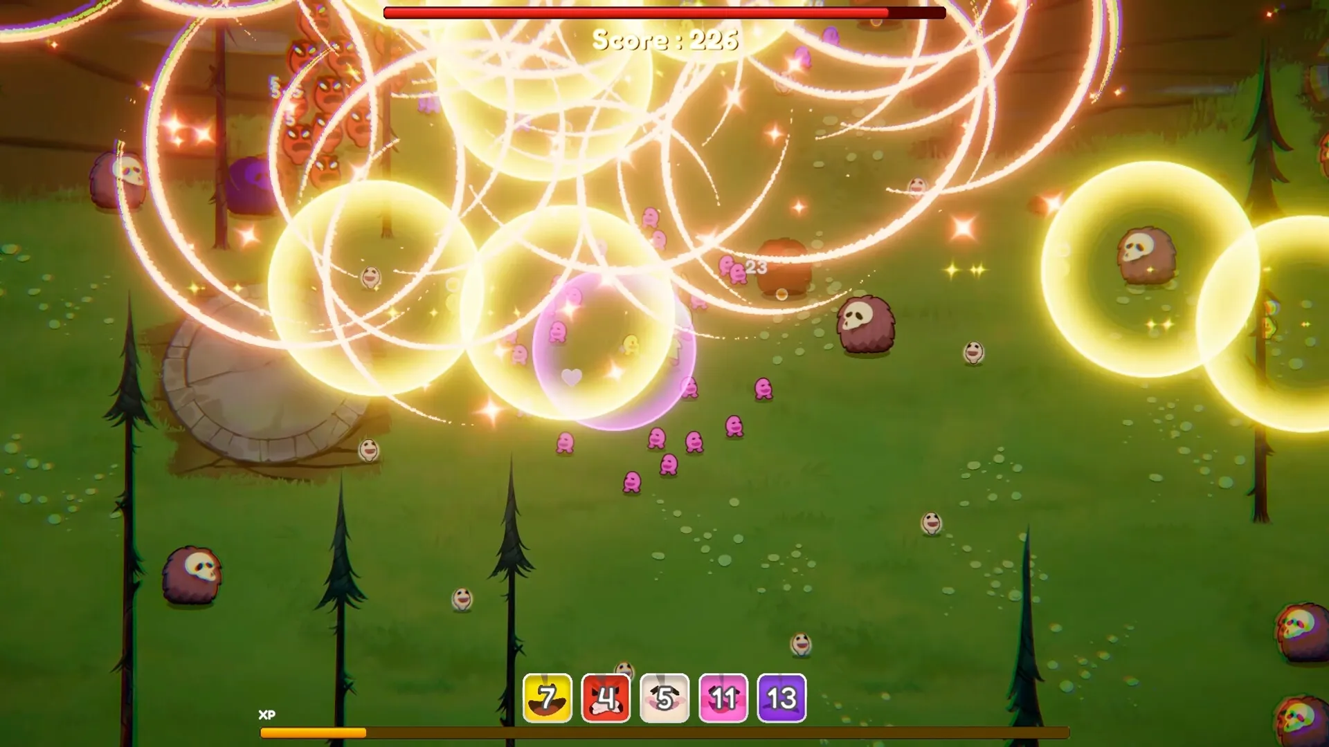 Chumini: Tiny Chuminis battle forest demons with glowing orbs and score display in green forest setting.