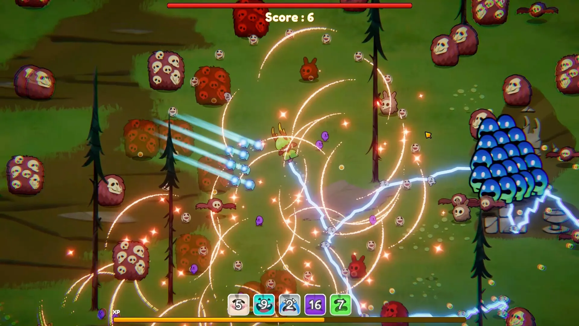 Chumini: Intense battle scene with Chuminis and colorful effects in a forest environment. Score: 6