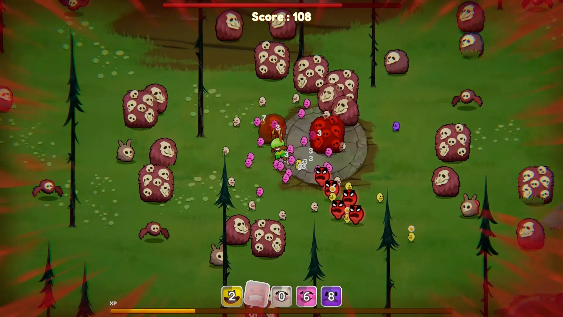 Chumini: Player surrounded by tiny Chuminis battling red demons in a grassy forest clearing.