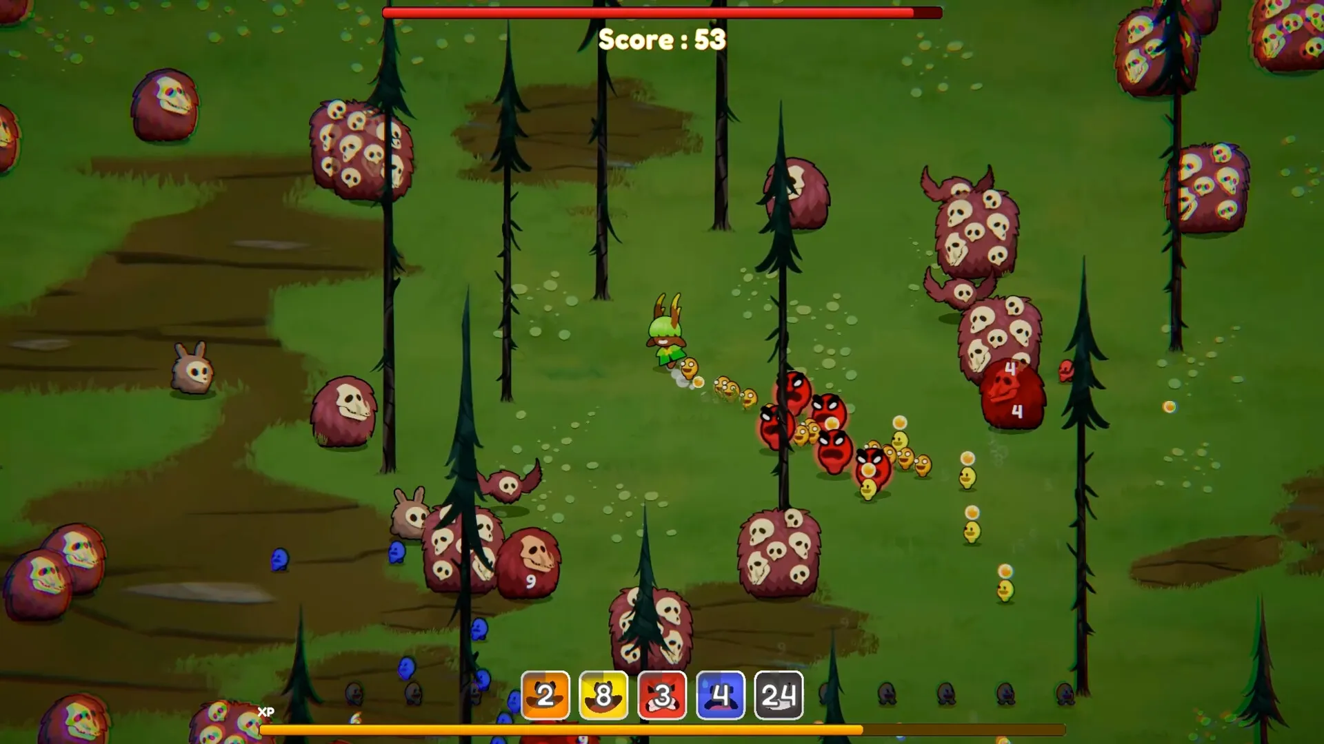 Chumini: Player leads tiny Chuminis through forest, battling demon hordes; score 53 displayed above.