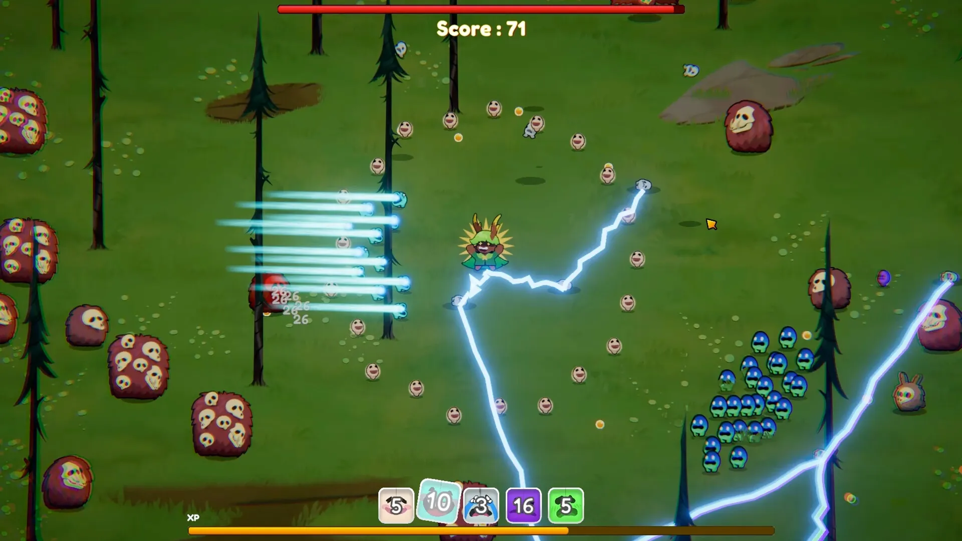 Chumini: Lightning attack by Chumini army in forest clearing, score 71 with skill icons below.