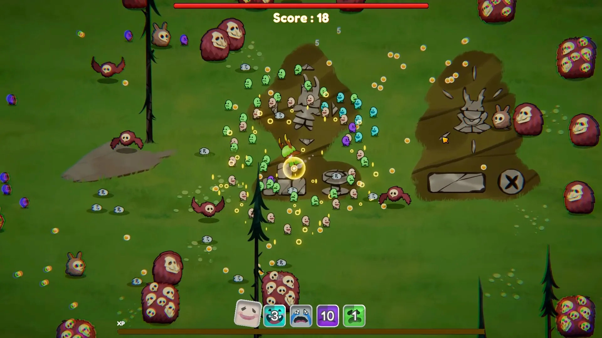 Chumini: Tiny Chuminis encircle a stone structure amid forest demons, with score and abilities displayed.
