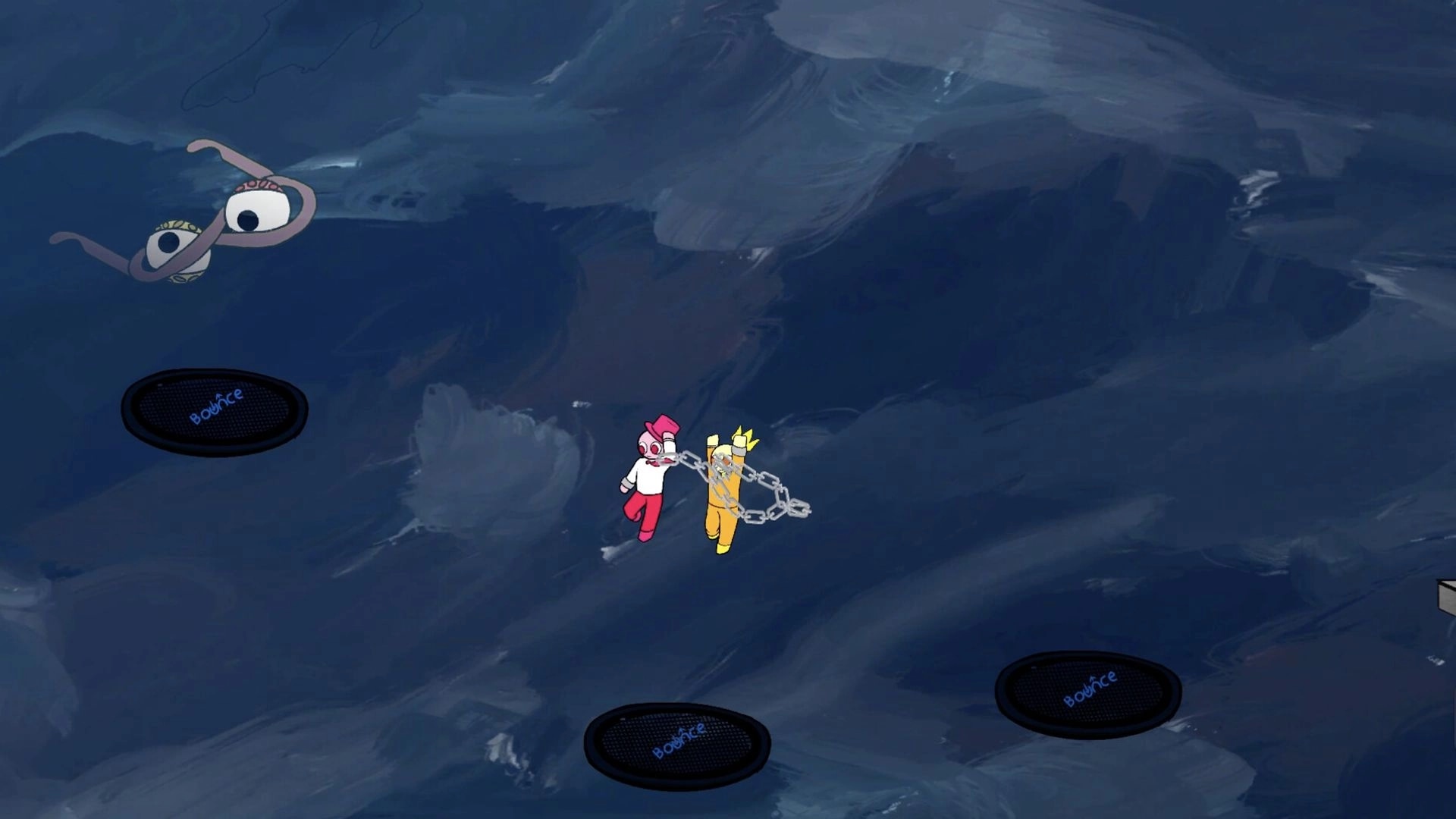 Chumps Chained: Two chained characters mid-jump between bounce pads in a dark blue void arena.
