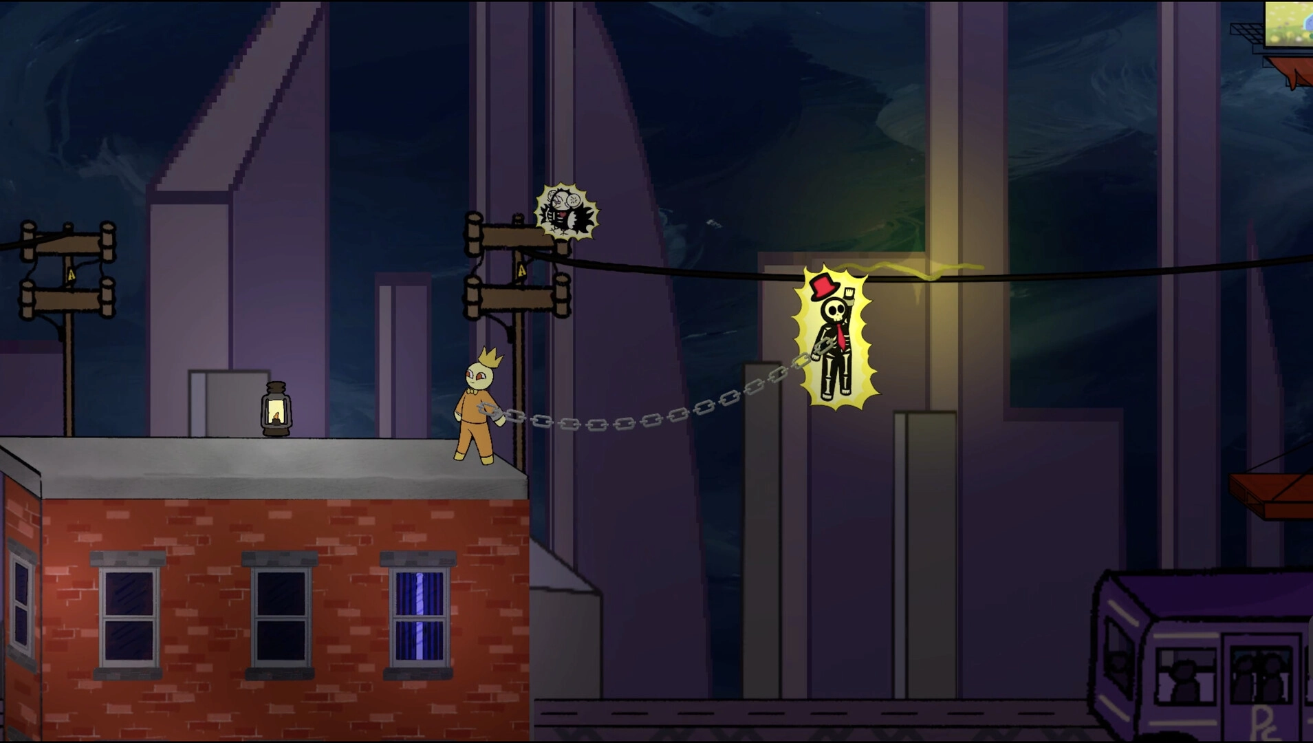 Chumps Chained: Two chained players cross rooftop ledges at night with a glowing skeleton hazard nearby.