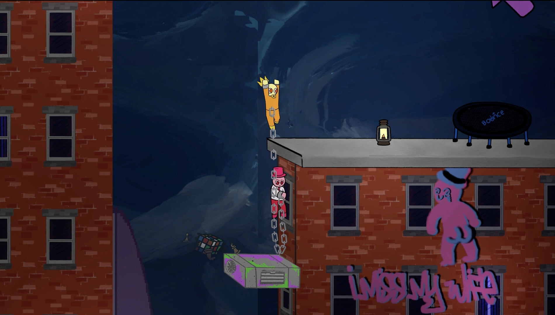 Chumps Chained: Two chained characters climb a brick rooftop with a lantern and bounce pad at night.
