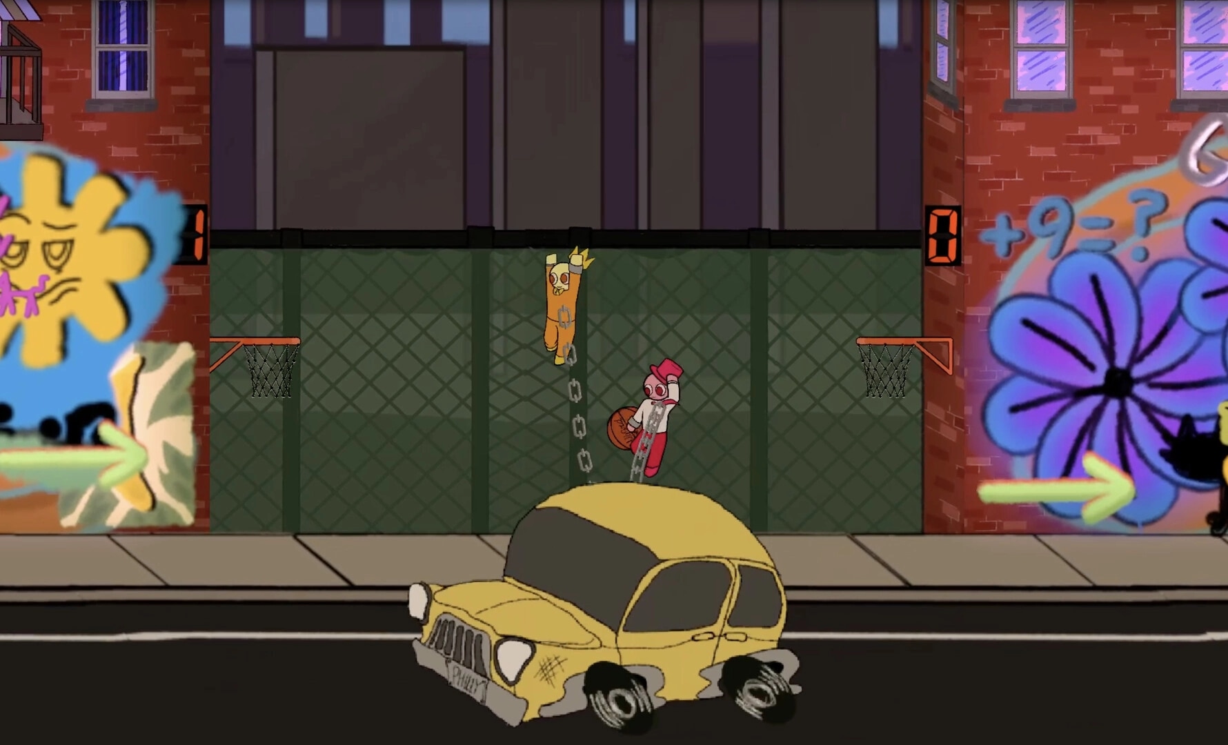 Chumps Chained: Two chained characters jump by hoops and graffiti walls on a city street court at night.