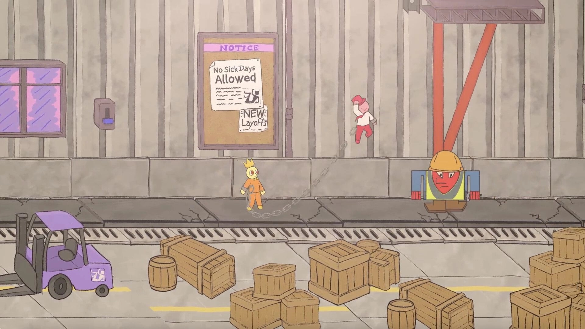 Chumps Chained: Two chained characters dodge a hardhat worker in a warehouse yard with crates and forklift.
