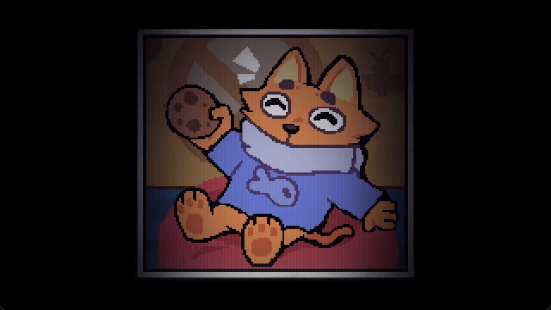 Chunky JUMP!: Cartoon cat character holding a cookie in a framed picture against a dark background.