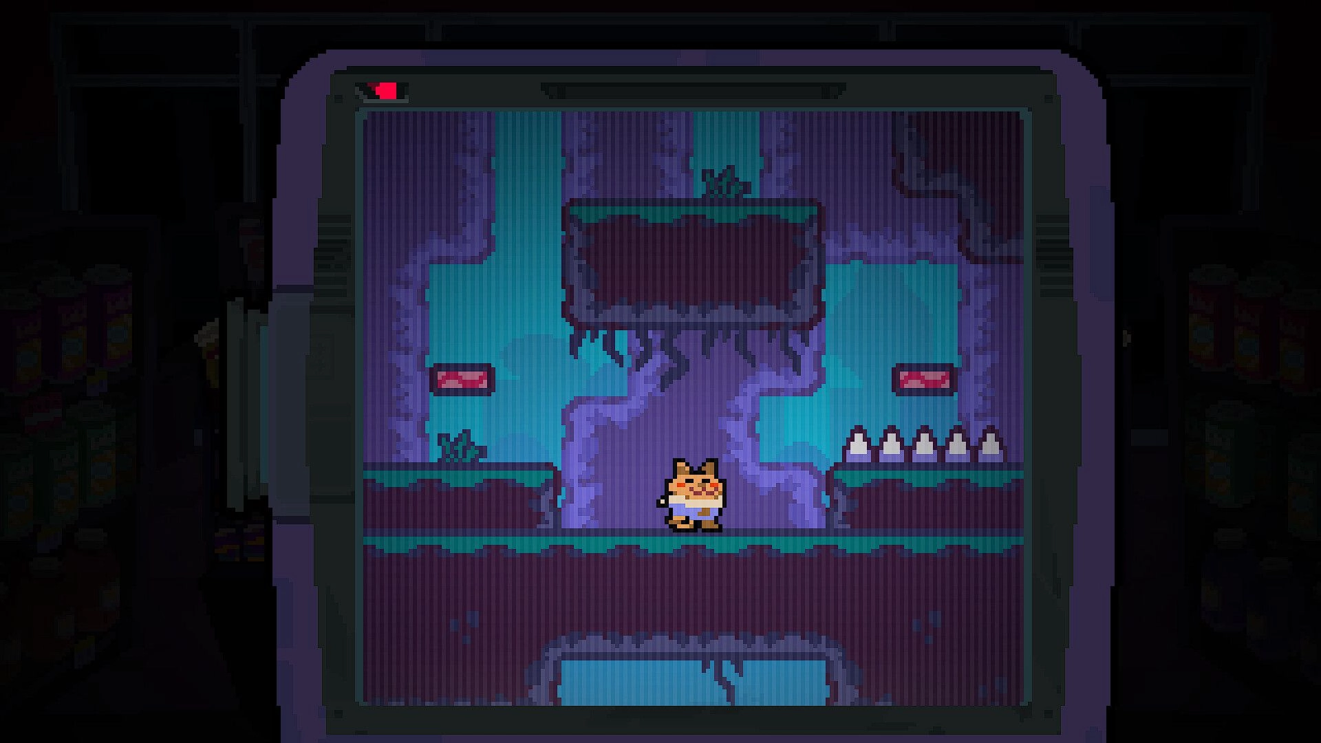 Chunky JUMP!: Bird Boy stands on platform near spikes in a cave with purple walls and ledges