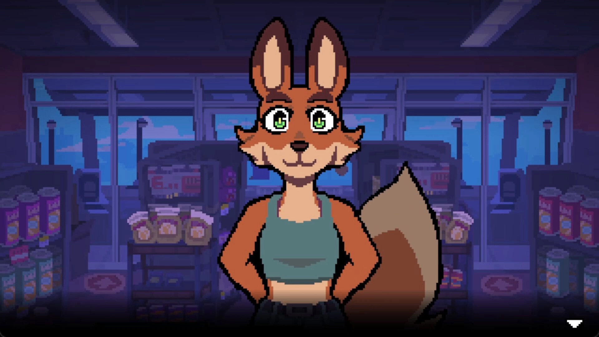 Chunky JUMP!: Cartoon fox character stands confidently in a dimly lit convenience store setting.