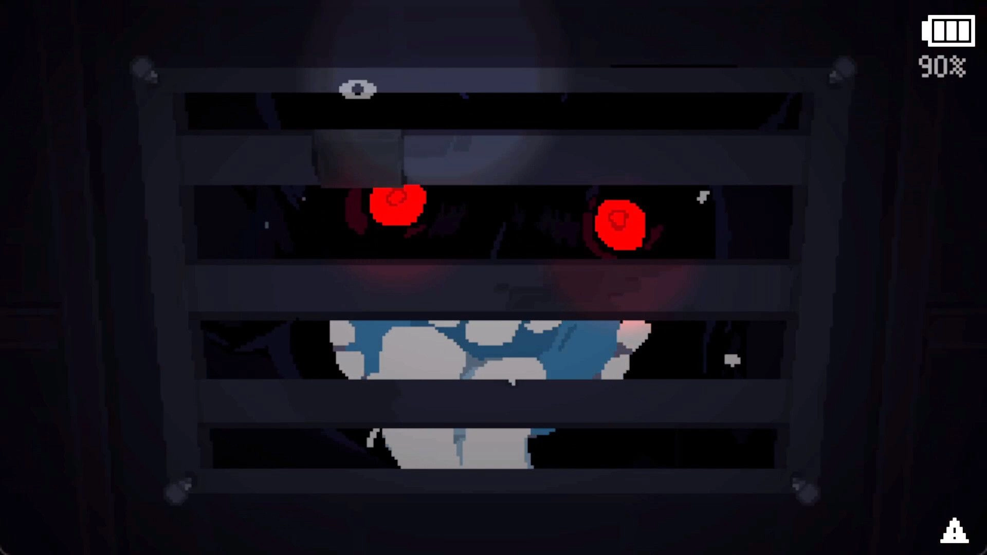 Chunky JUMP!: Ghabbit's glowing red eyes peer through vent in a dark setting, battery at 90%
