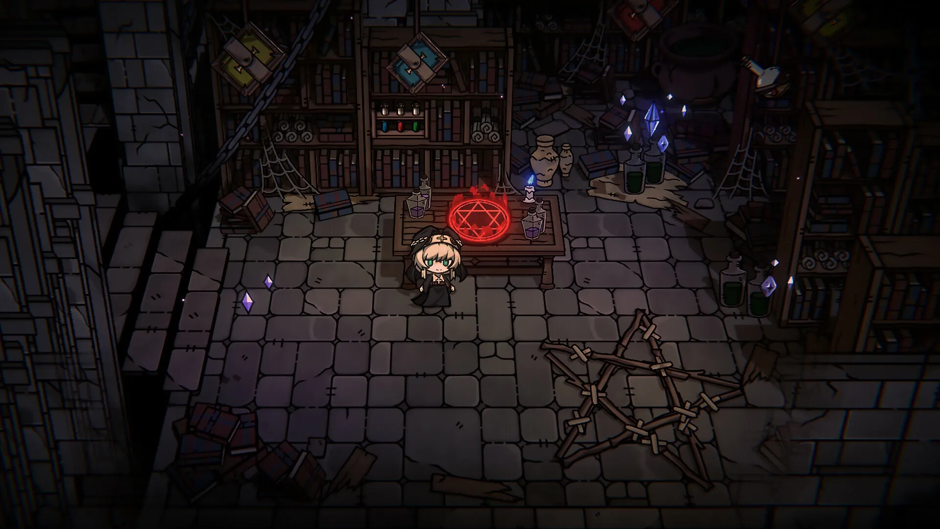 Cinderia: Character examining magical red sigil on table in a dusty, cluttered library with potions.