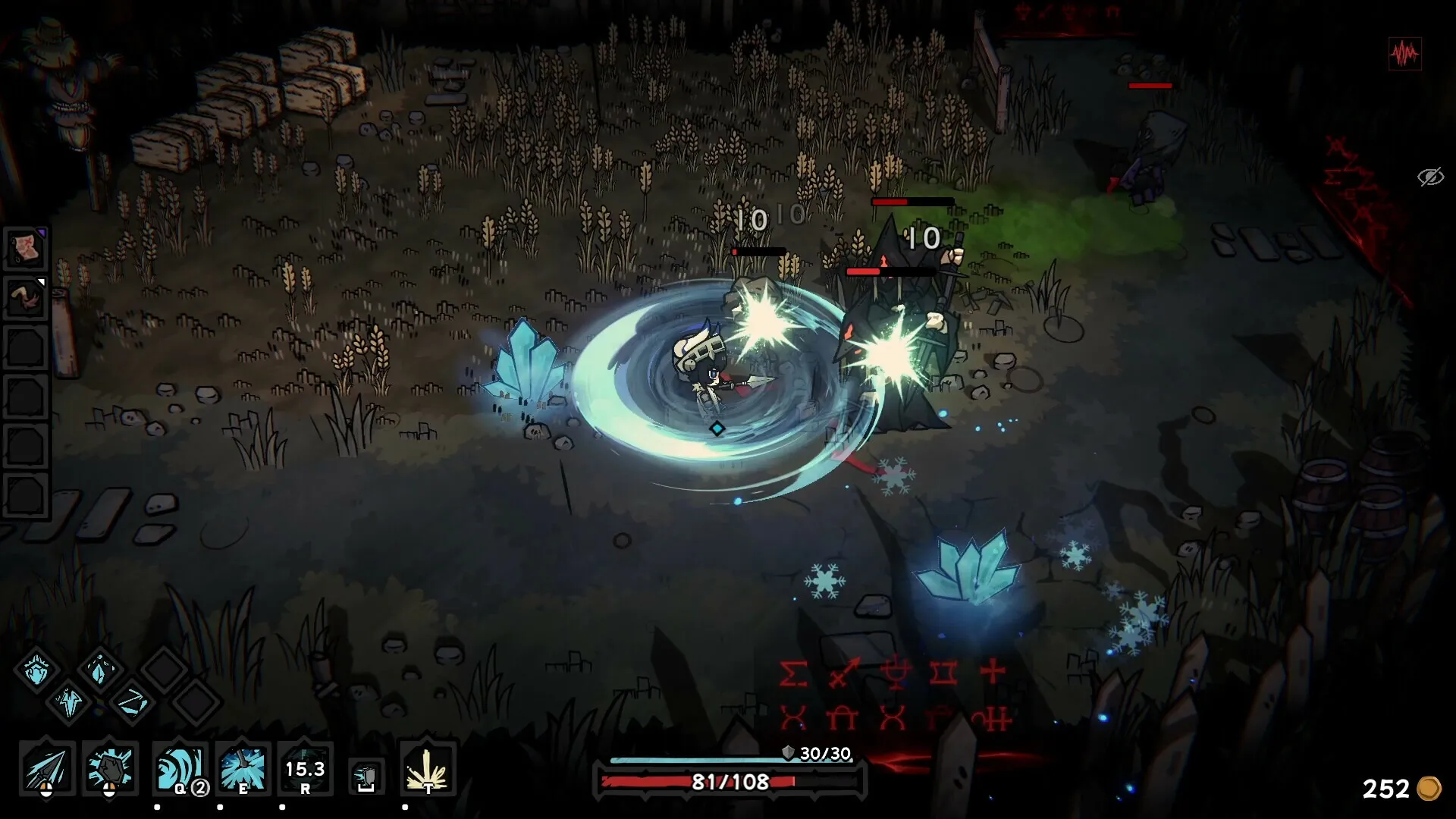 Cinderia: Player spinning attack against enemies in a dark, grassy field with crystals and UI elements.