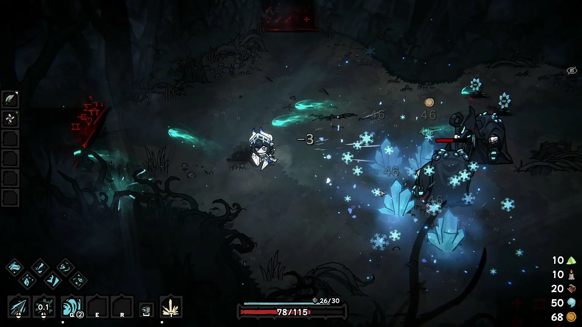 Cinderia: Player battles Black Knight amid glowing crystals, displaying health and skill icons in a dark forest.