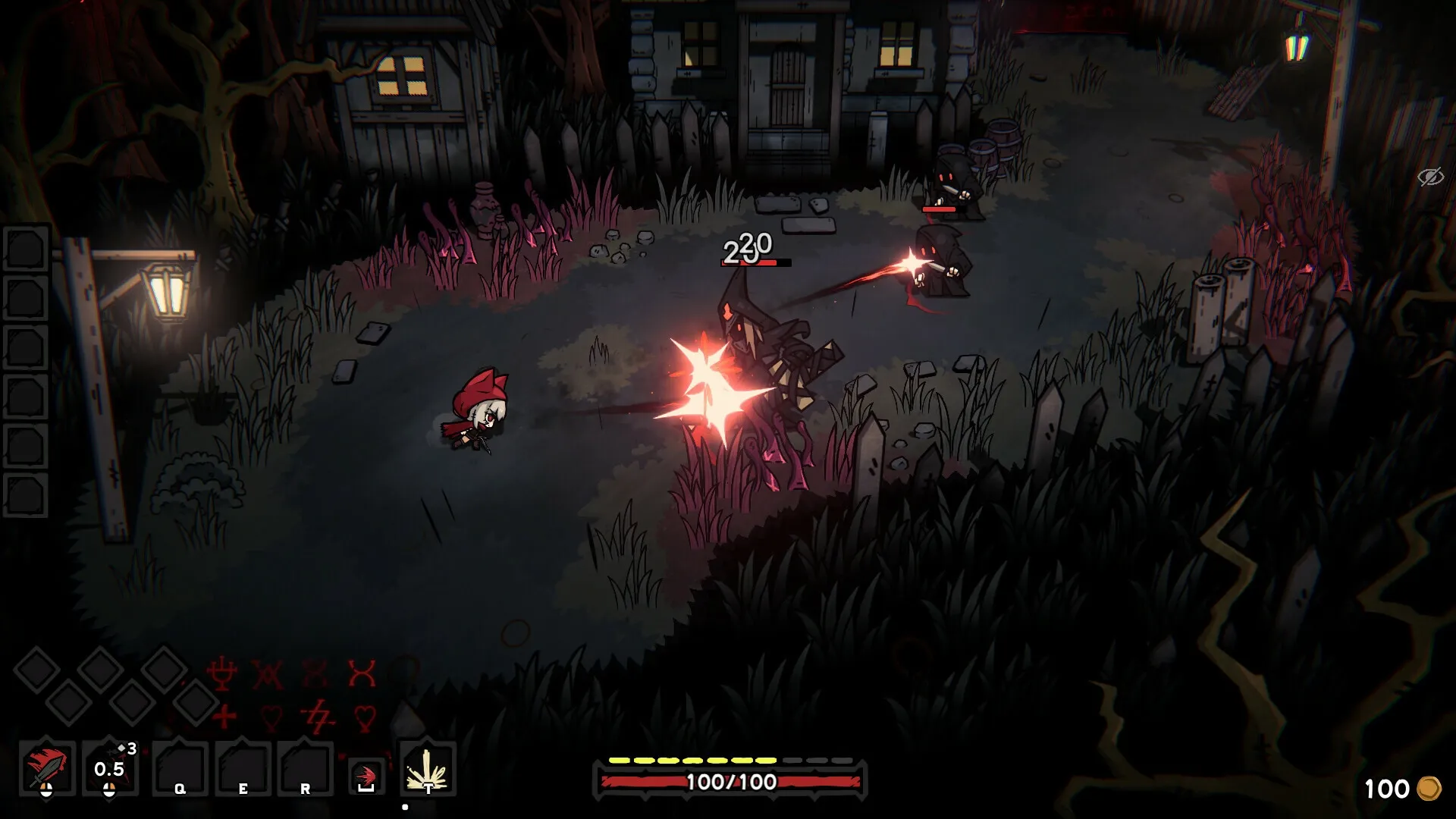 Cinderia: Character in red hood battles enemies in dark village with health bar and skills displayed