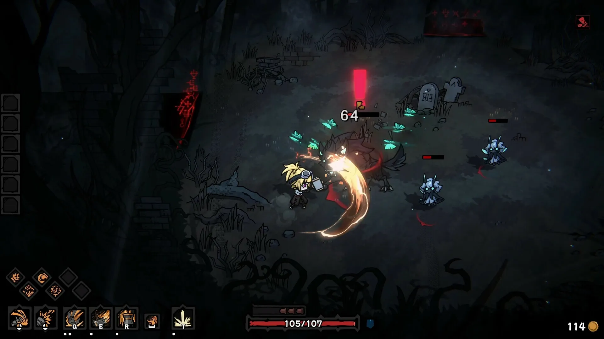 Cinderia: Hero battles werewolf in dark forest, skill icons and health bars visible at screen bottom.