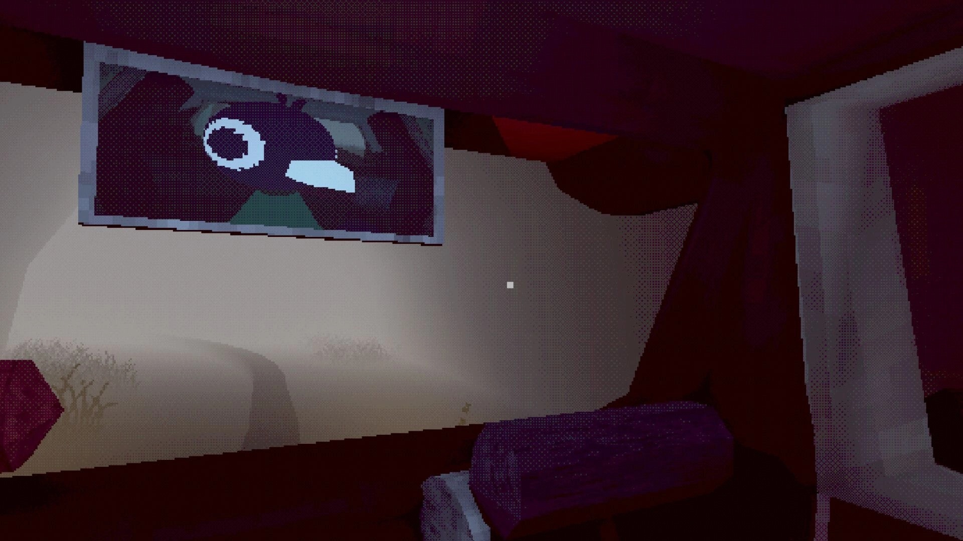 Cinderline: Close-up of a bird character face in a side mirror while driving through a dim tunnel.