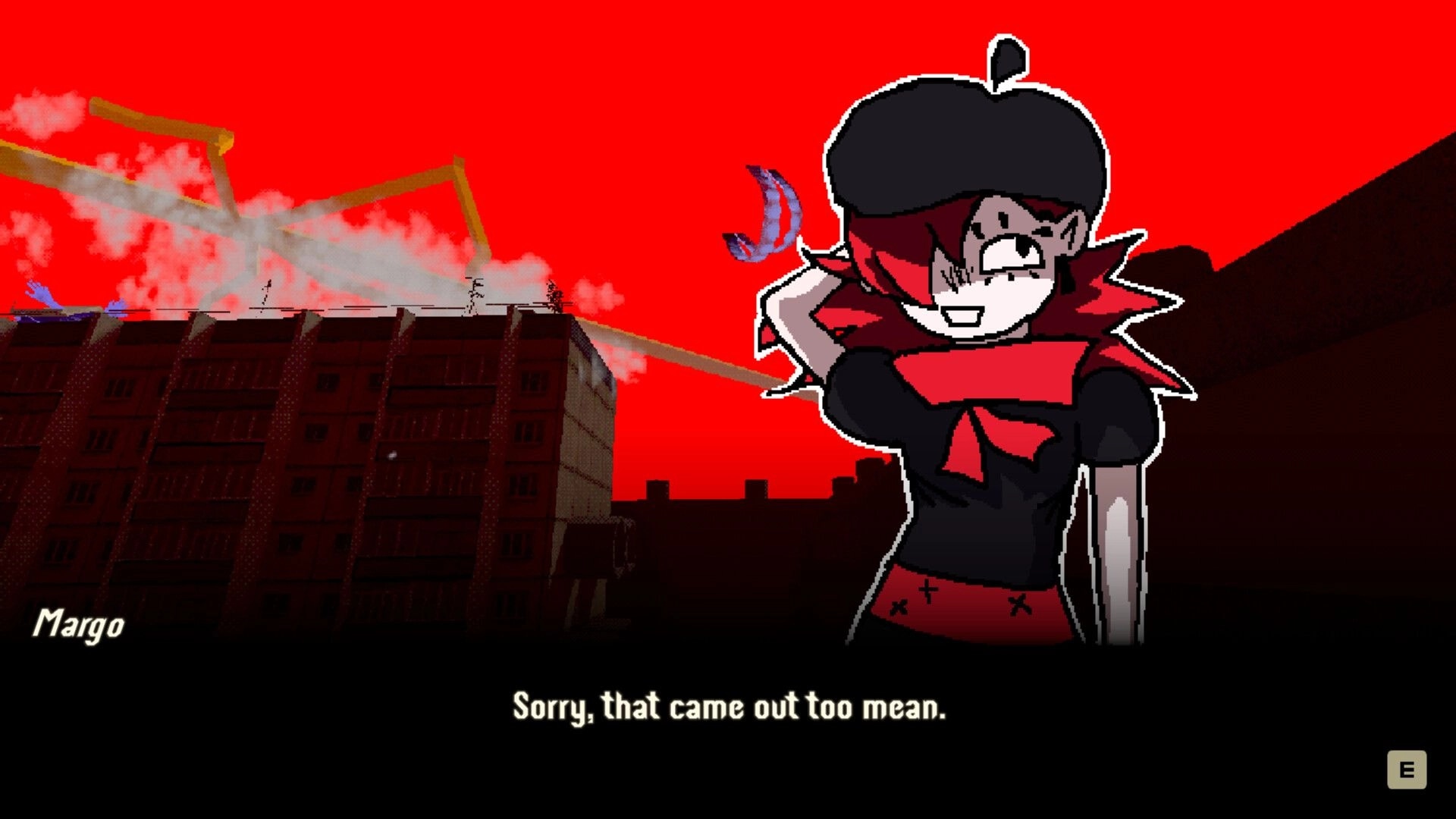 Cinderline: Dialogue scene with Margo's portrait and apology text over a red city skyline backdrop.