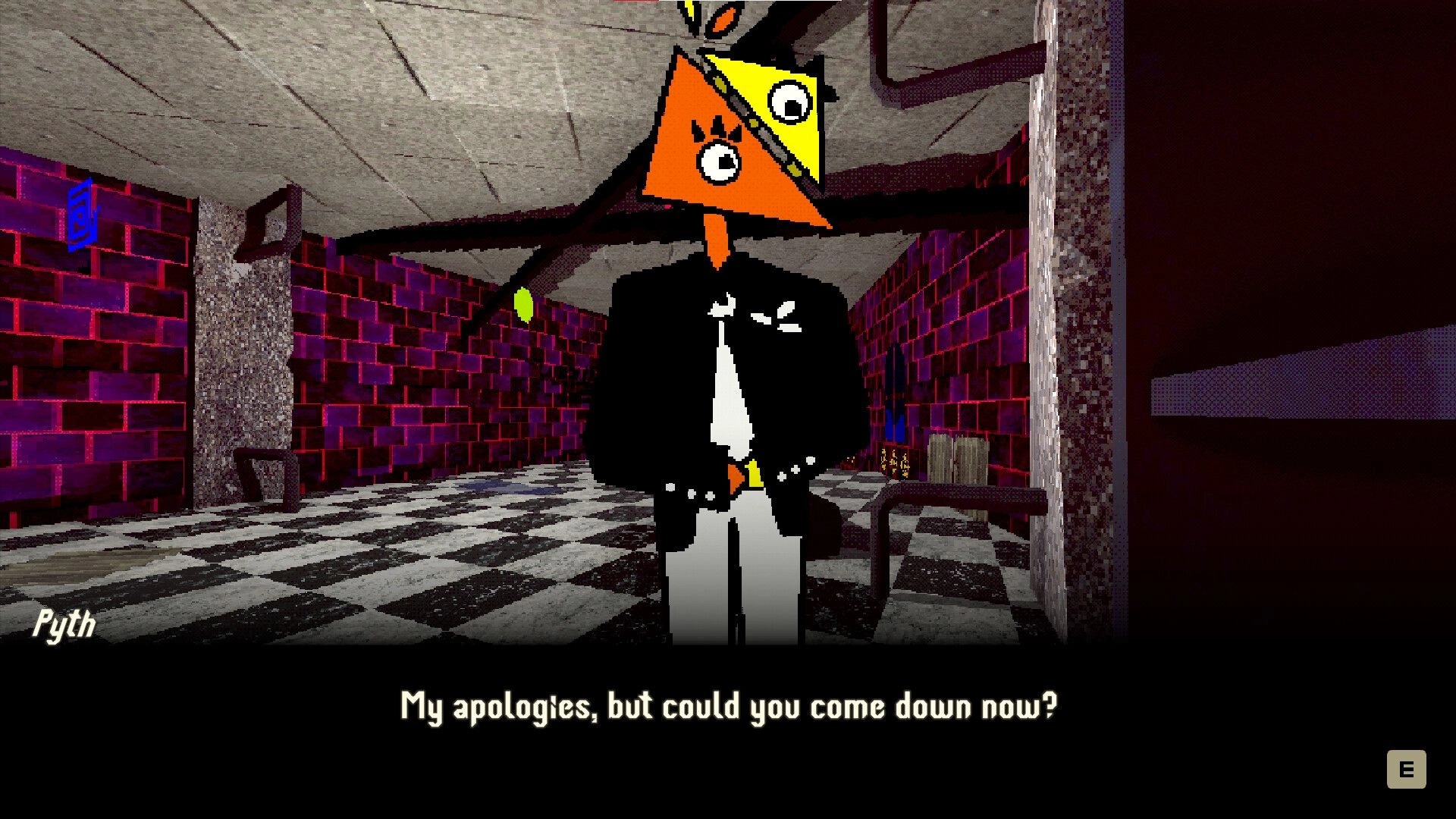 Cinderline: Dialogue with Pyth, a suited bird NPC, in a purple brick hallway with checkered floor.