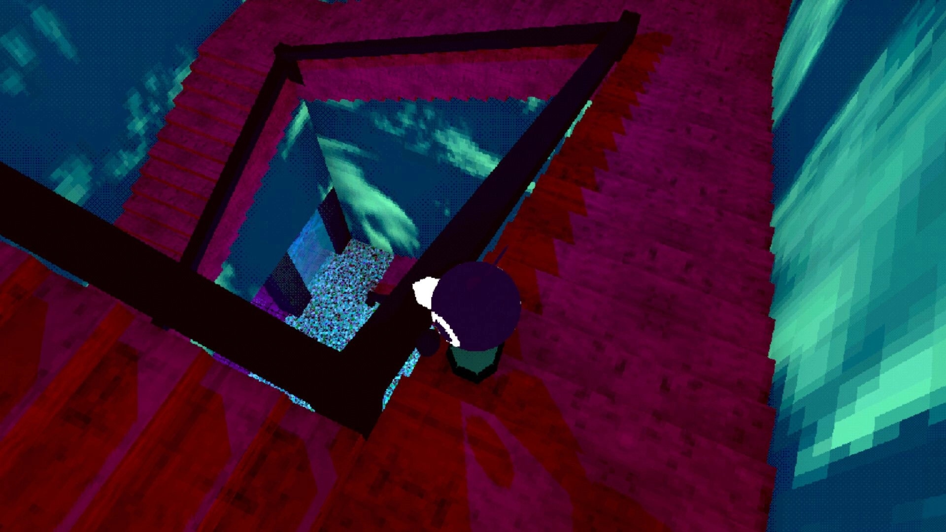 Cinderline: Bird-like player peeks over stairwell railing into blue-lit shaft inside magenta building.