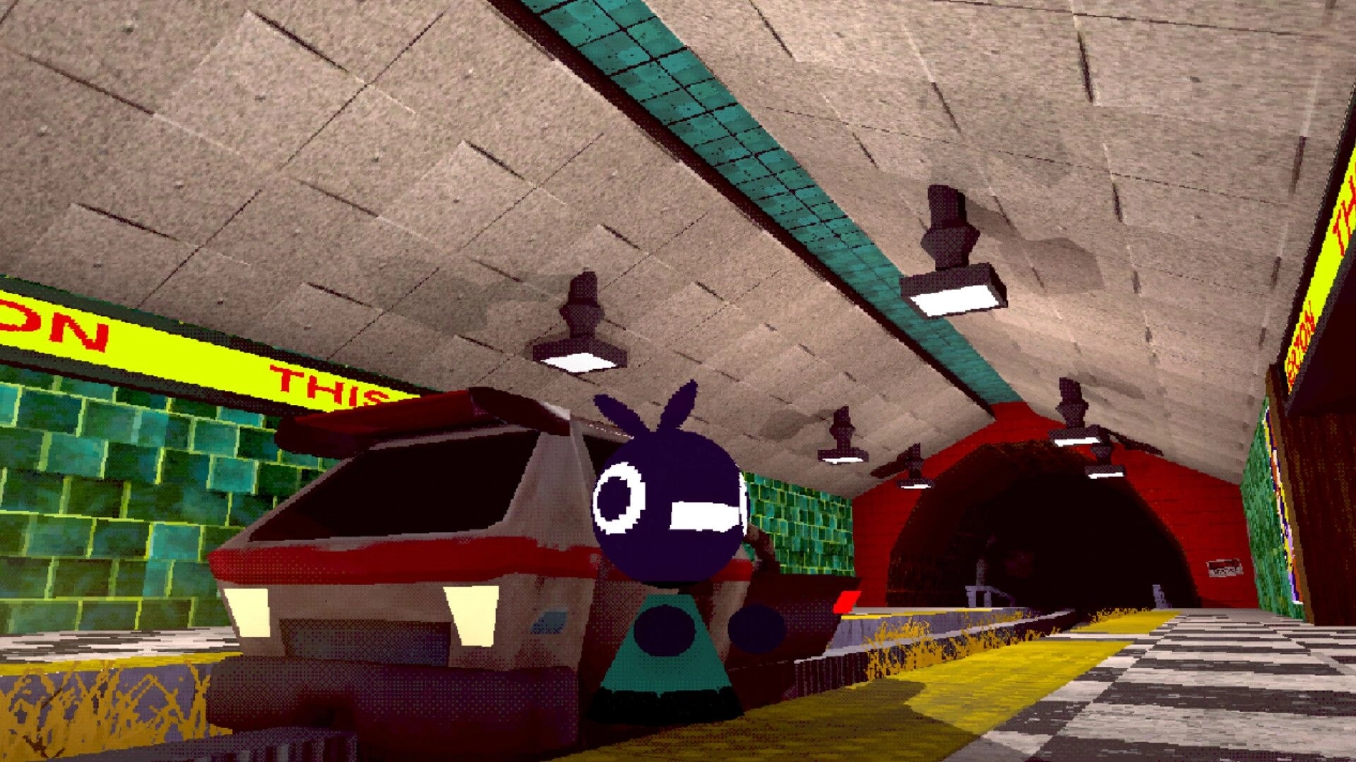Cinderline: Bird-headed character on a subway platform beside a train, under tiled ceiling lights.