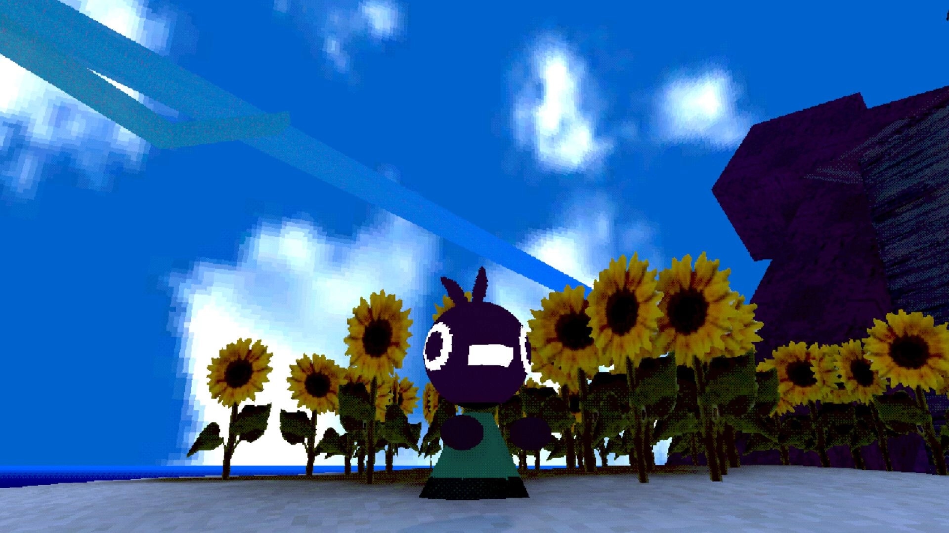 Cinderline: Bird-like character stands amid sunflowers under blue sky with clouds and a purple structure.