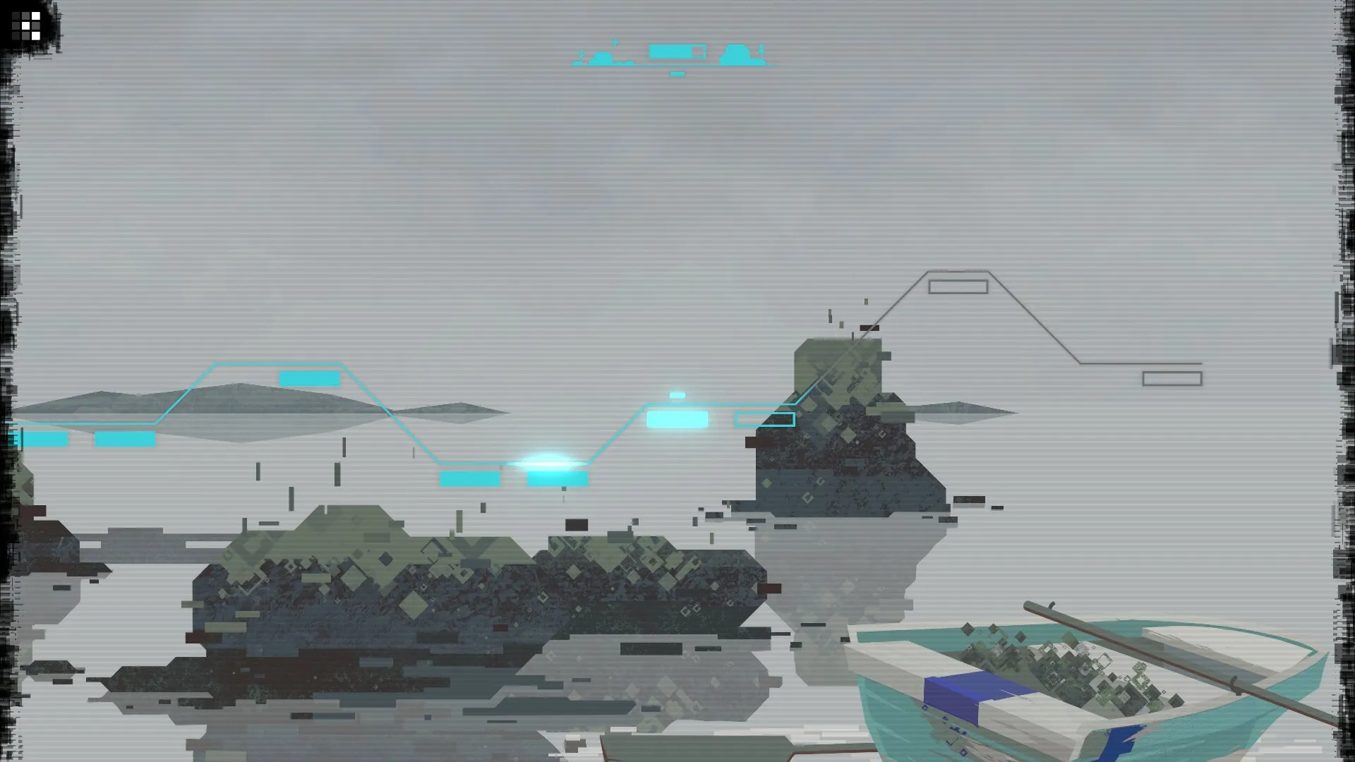 CIPHER ZERO: Glitchy landscape with abstract terrain and digital overlays in a minimalist puzzle setting.