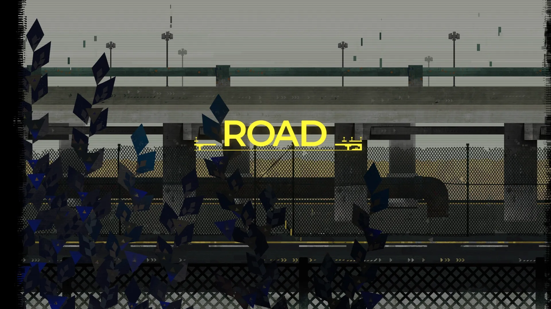 CIPHER ZERO: Neon "ROAD" sign amidst abstract shapes and a gritty urban landscape with chain-link fence.