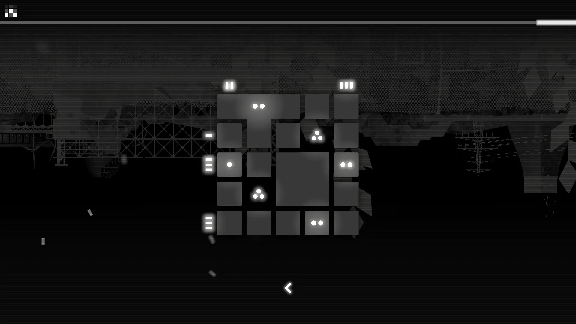 CIPHER ZERO: Puzzle grid with illuminated squares and dots on a dark geometric industrial background.