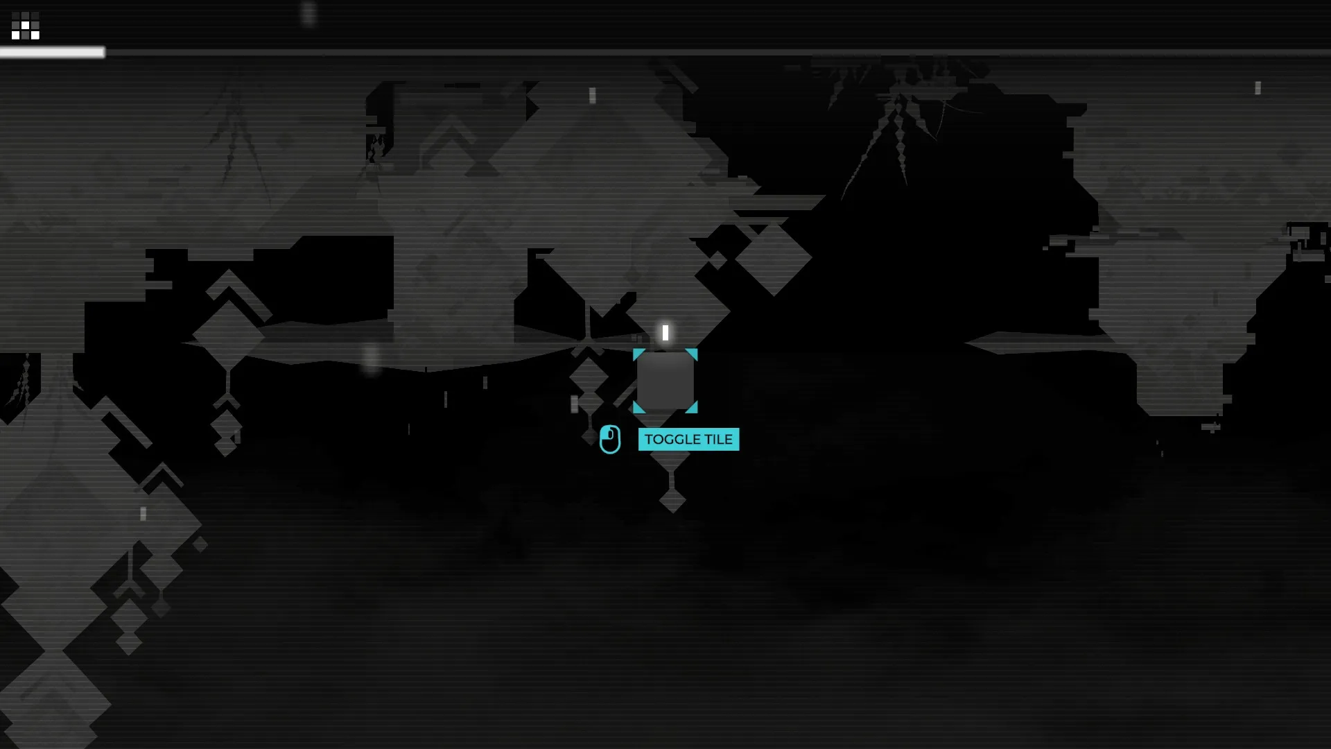 CIPHER ZERO: Grid-based puzzle with highlighted "TOGGLE TILE" option in a dark geometric environment.