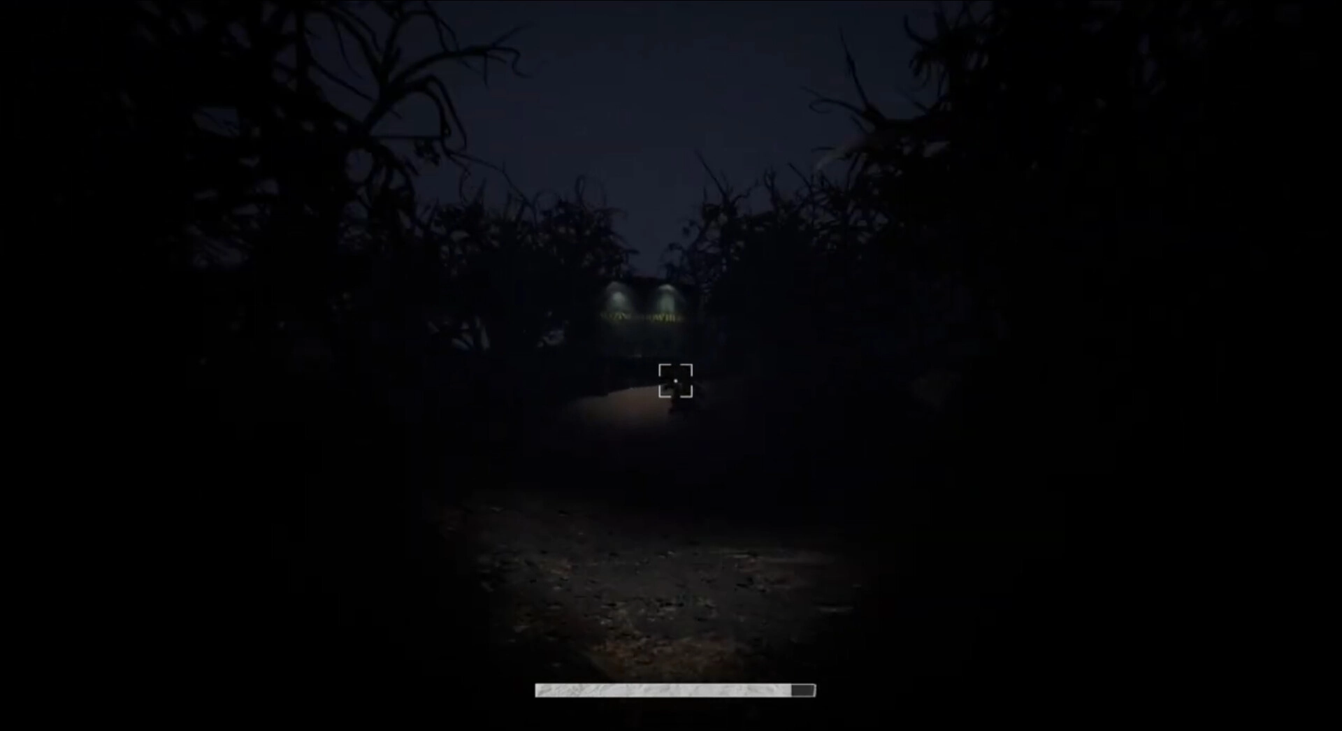 Circustime: First-person view aiming reticle down a dark forest path toward distant lights at night.