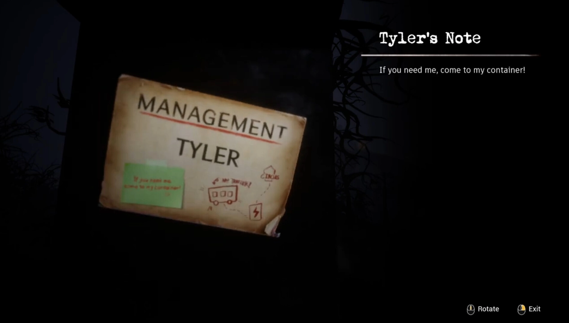 Circustime: Reading Tyler's Note UI with Management Tyler envelope clue against a dark backdrop.