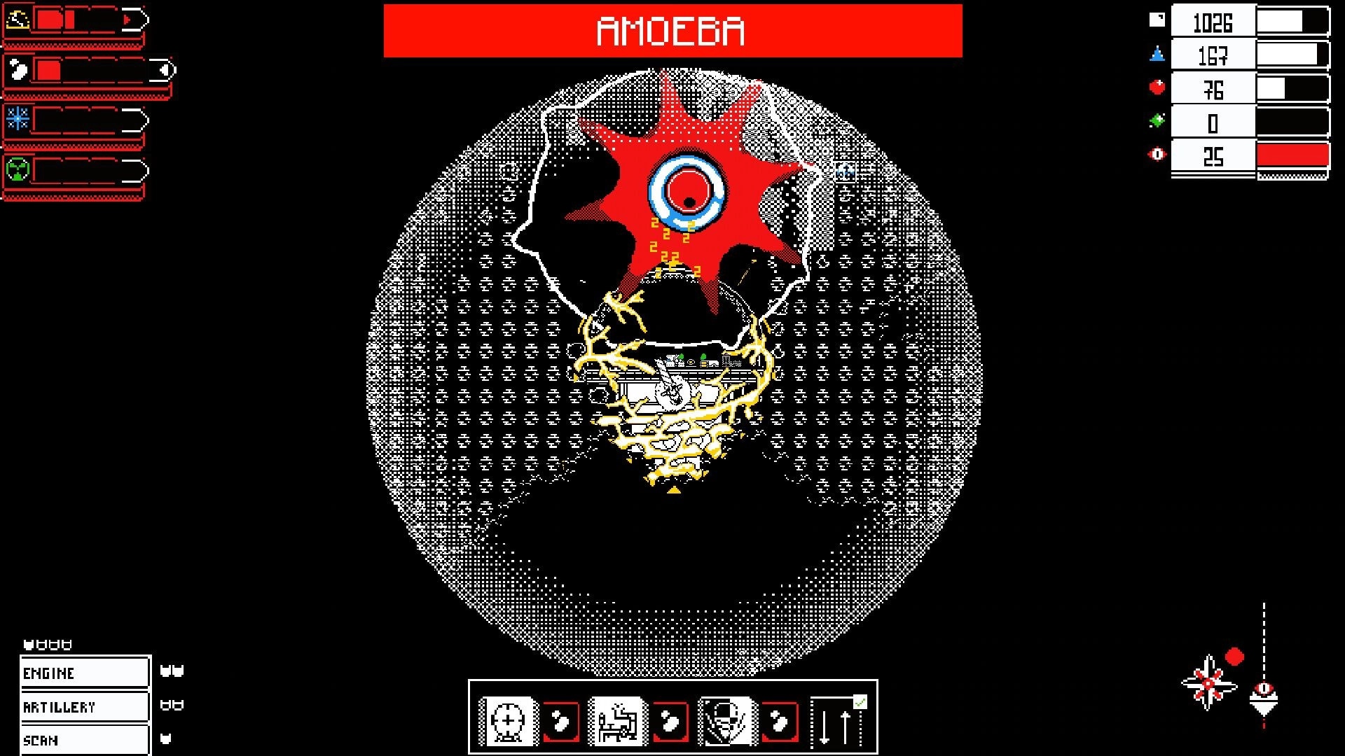 CitaDrill: Combat with giant red amoeba in dark 1-bit environment, UI with health and artillery stats visible.