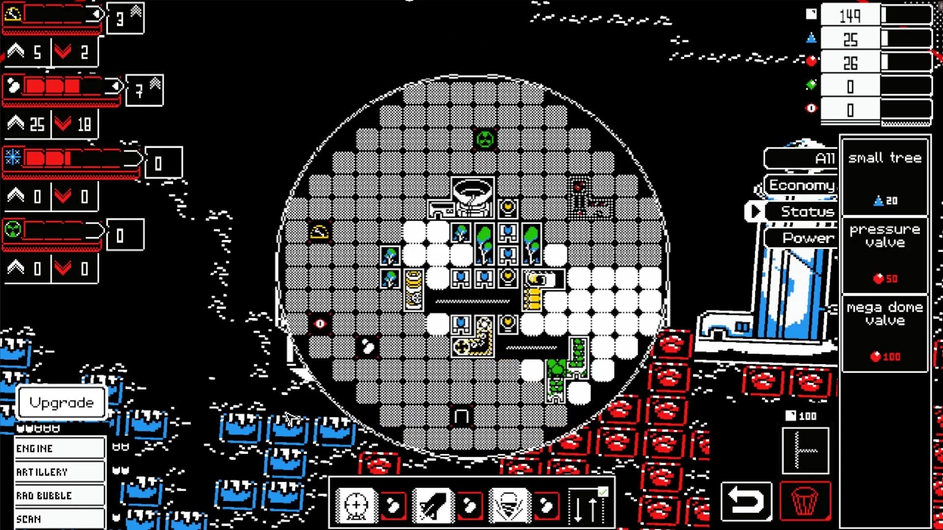 CitaDrill: Strategic base layout with resource stats and upgrade options in a 1-bit style interface.