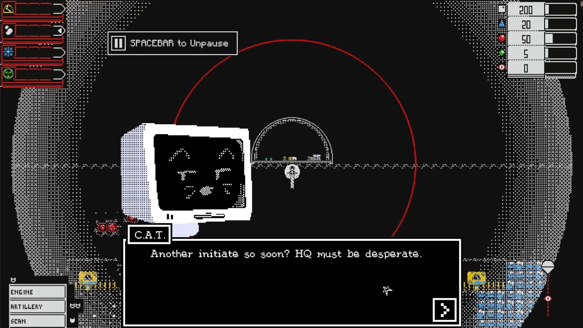 CitaDrill: CAT interface with dialogue and resource bars in a 1-bit style underground environment