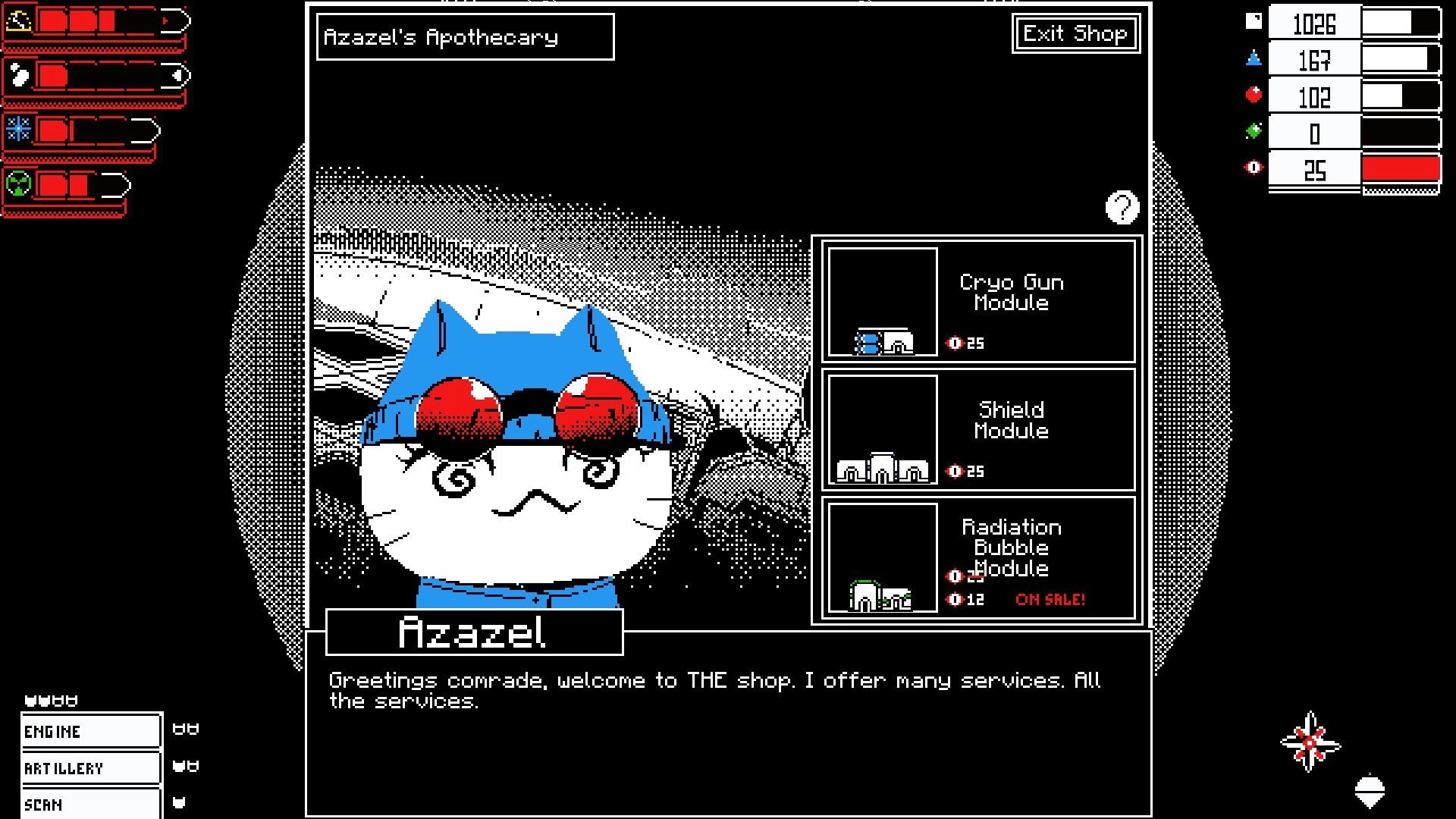CitaDrill: Azazel's Apothecary shop interface with cat character and upgrade modules displayed