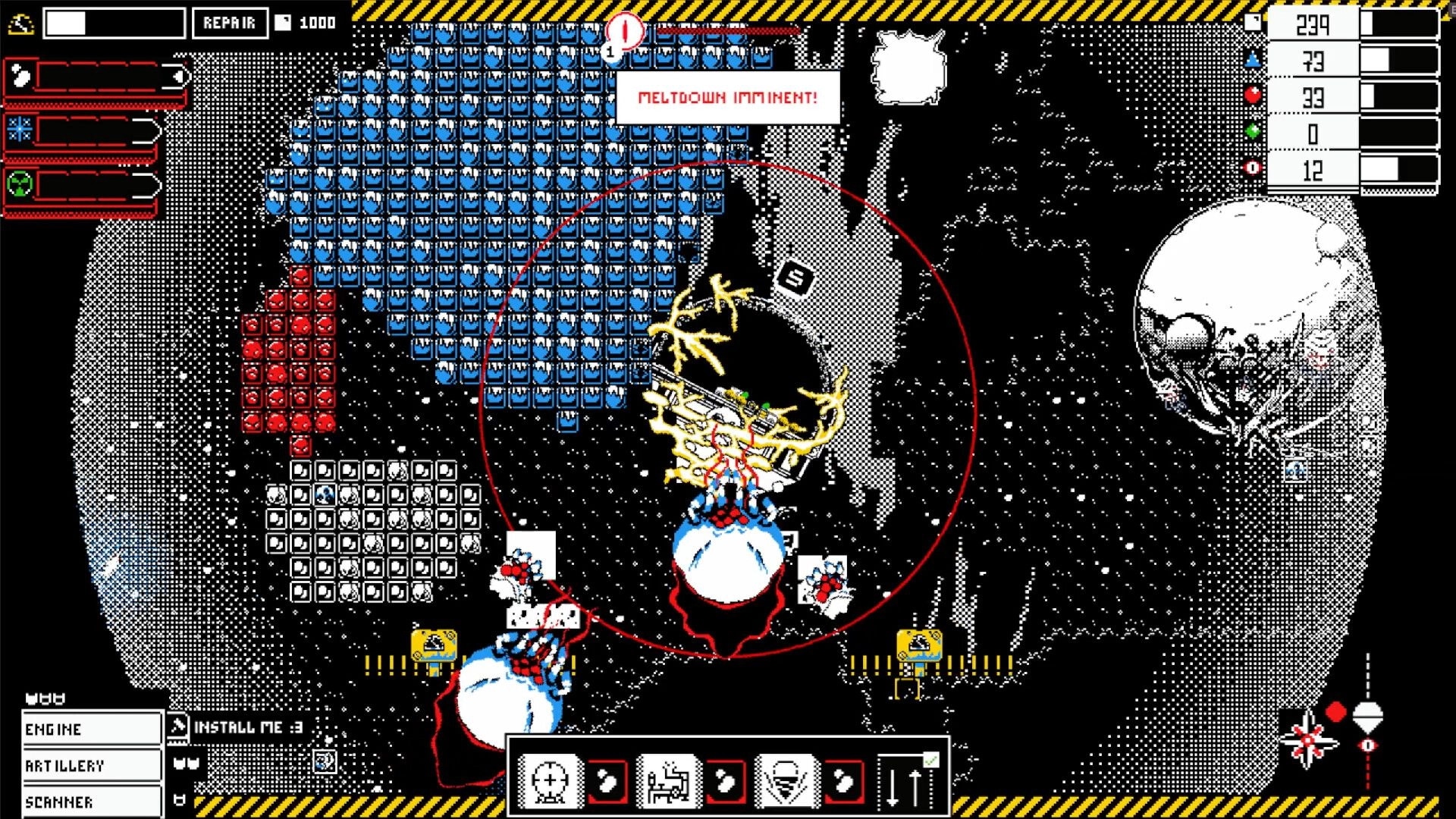CitaDrill: Meltdown imminent warning and resource meters in a pixelated underground mining scene