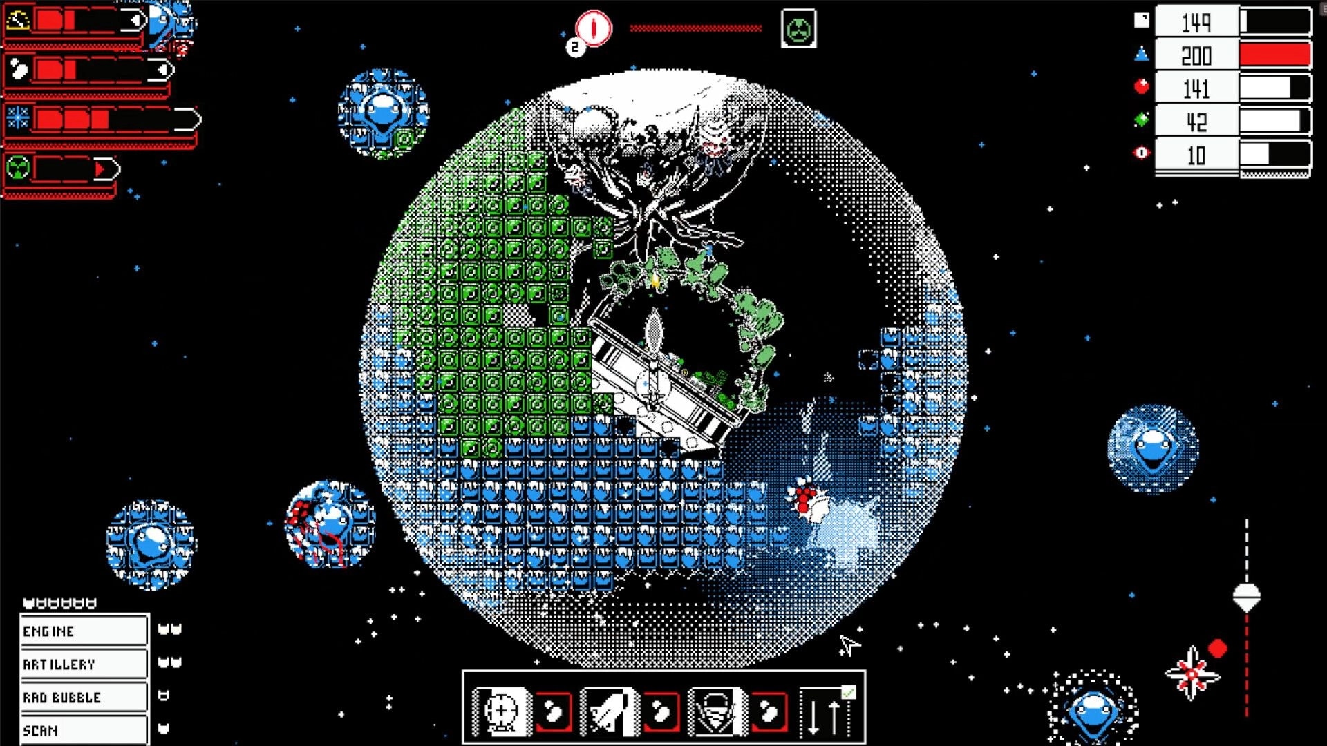 CitaDrill: Navigating a pixelated planet with UI elements showing resources and drill controls