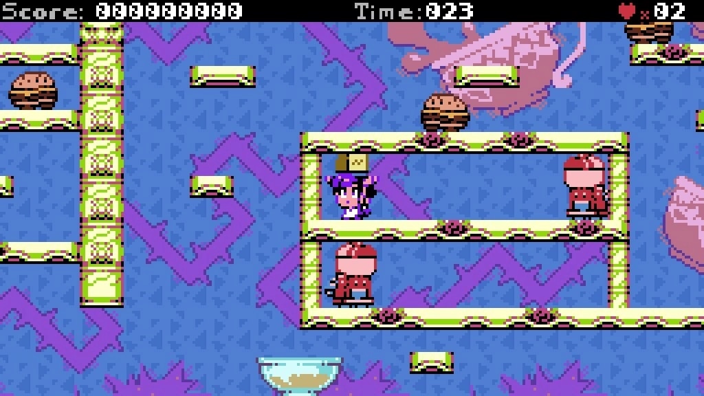 Claire a la Mode: Claire navigates dessert-themed platforms with two enemy bakers in a sugary maze.