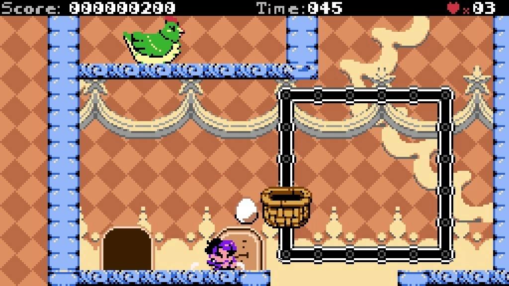 Claire a la Mode: Claire jumps to reach a basket in a dessert-themed platform level with a timer countdown.