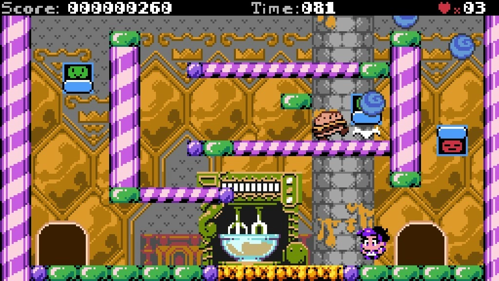 Claire a la Mode: Claire navigates candy platforms with a burger enemy in a whimsical dessert-themed level