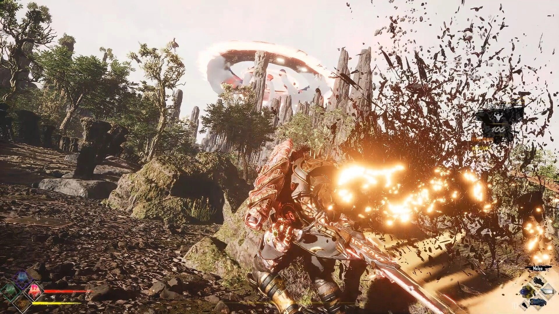 CLASH: Armored warrior slashes with glowing blade on rocky path near spires, combat HUD visible.