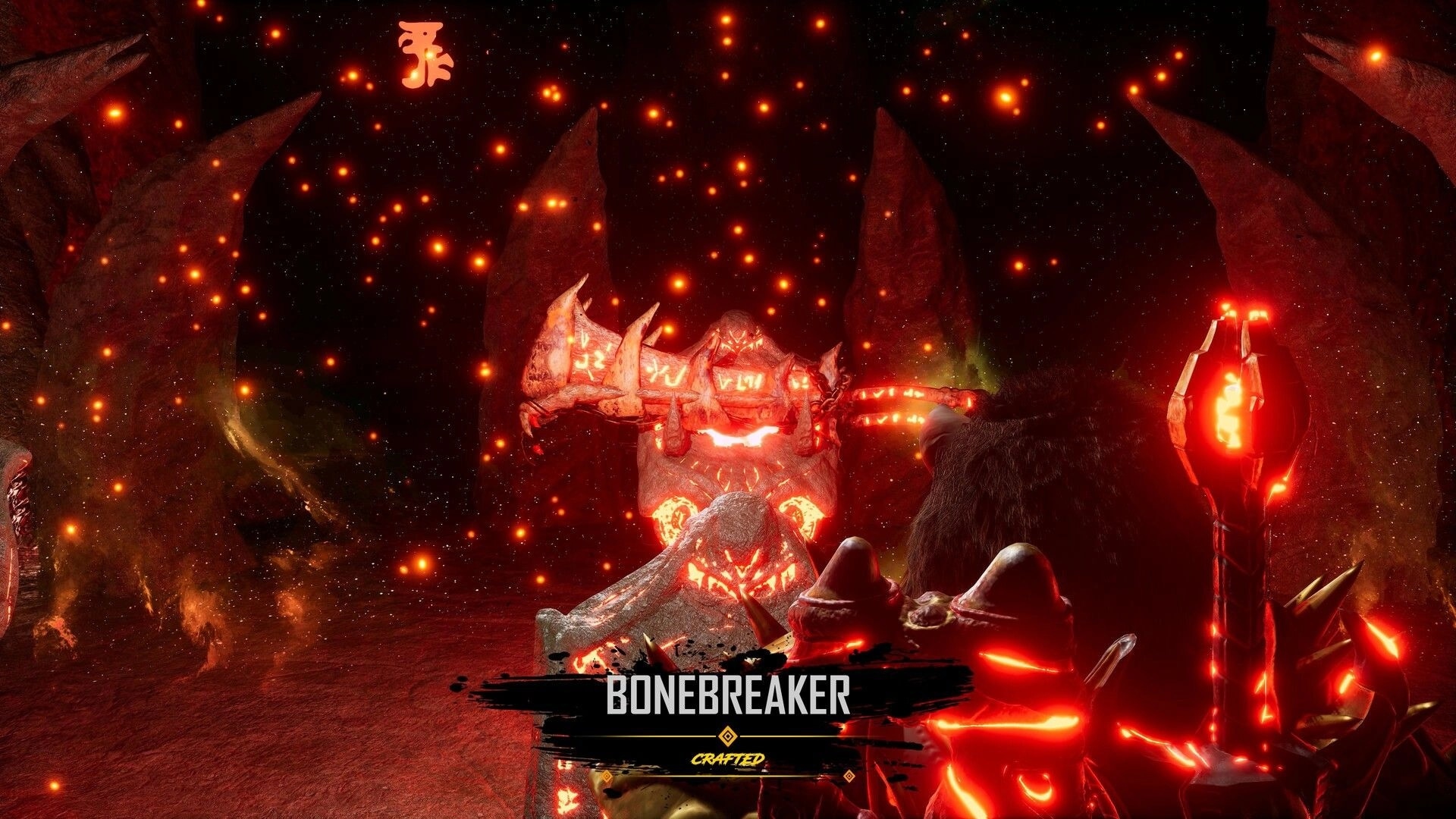 CLASH: Crafted Bonebreaker weapon reveal amid glowing embers and jagged rock spires in a fiery cavern.