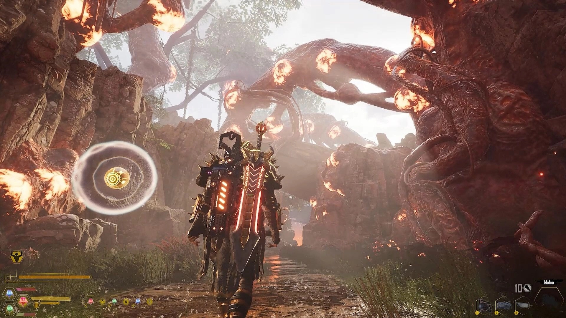 CLASH: Armored warrior walking a forest path beneath glowing fleshy roots, HUD and melee icons visible.