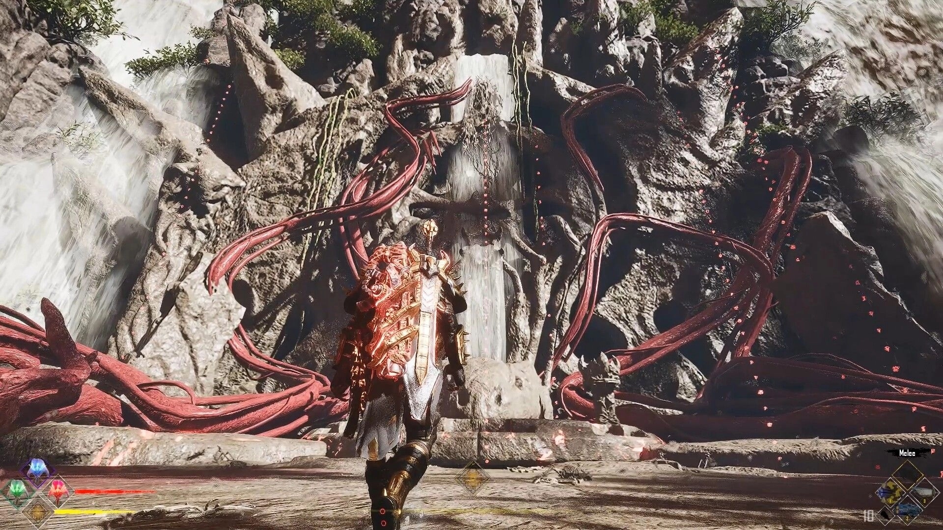 CLASH: Armored warrior approaches a rock waterfall choked by red tendrils, HUD and melee prompt visible.