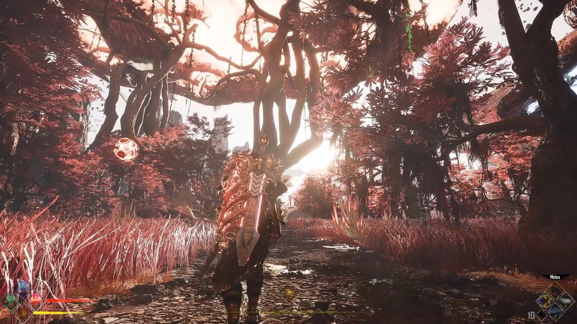 CLASH: Armored warrior walks a forest path under twisted trees, HUD health bars and melee icon visible.