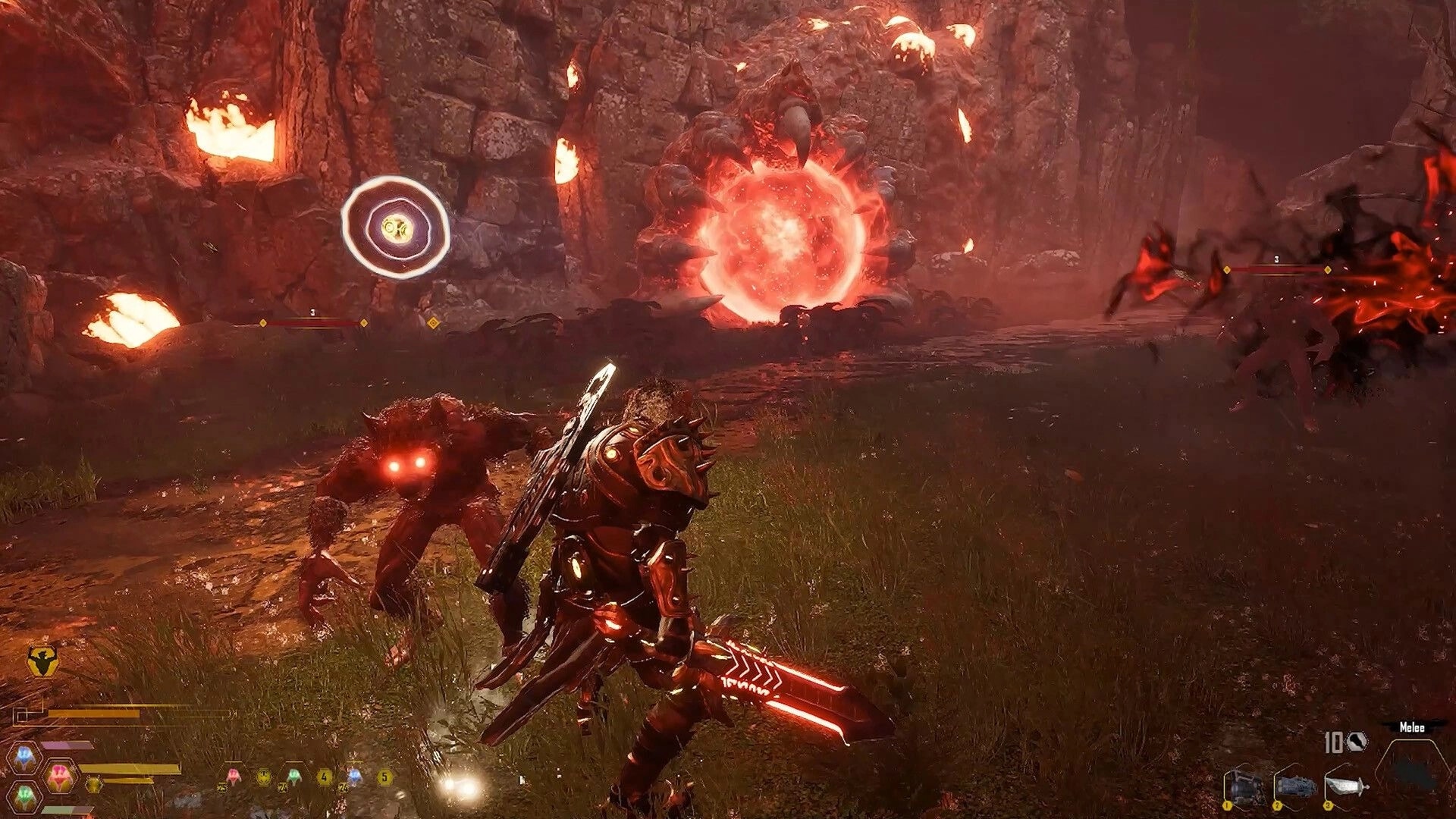 CLASH: Armored warrior with glowing sword fights monster near fiery portal in rocky canyon arena UI visible.
